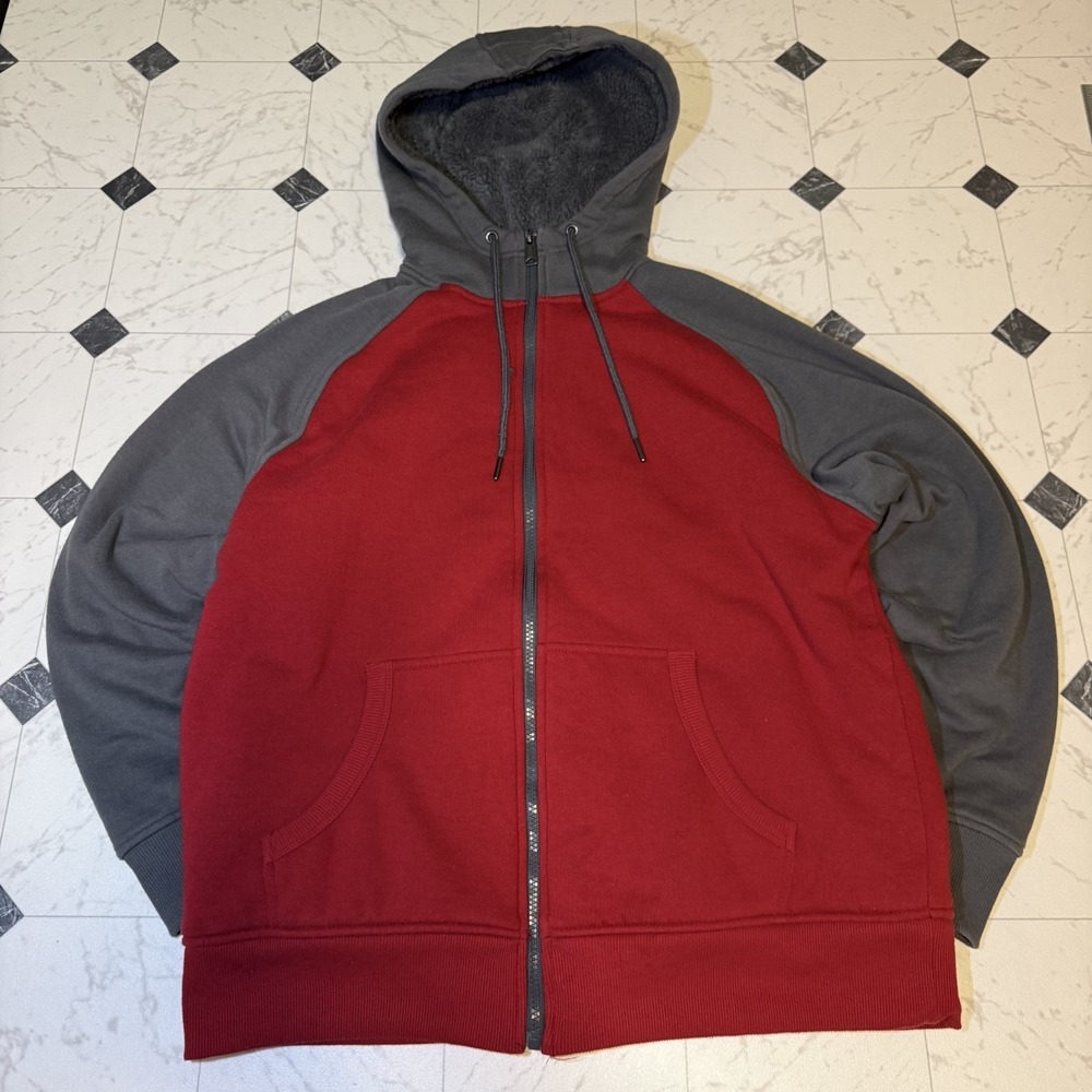 George Sherpa Lined‎ Zip Up Hoodie Large Red Gray Colorblock Fleece Lined